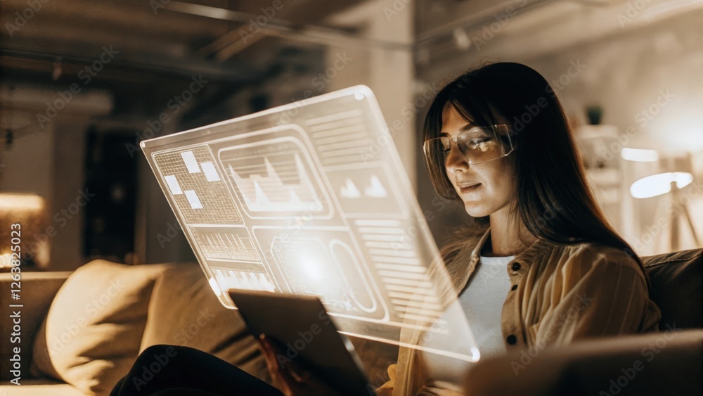 Poster a young woman studying a hovering holographic display of data analytics her face illuminated by the 