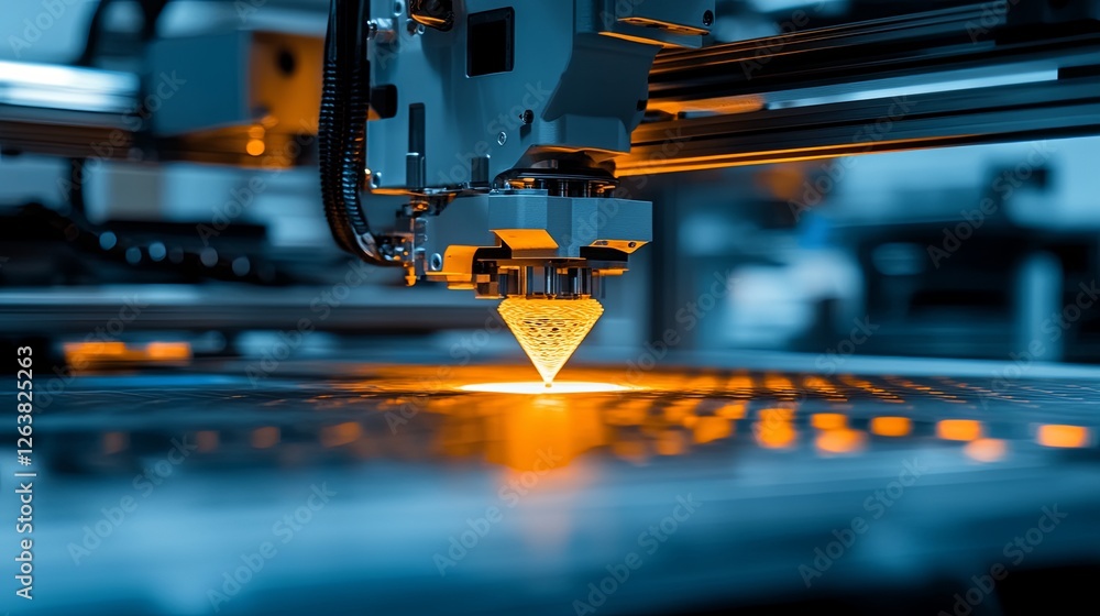 Poster advanced 3d printer creating intricate designs in a modern manufacturing environment during evening 
