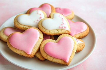 Heart-shaped cookies decorated with pink and white icing on a plate for a festive gathering