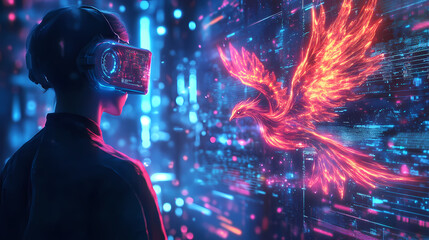 Futuristic scientist observing digital phoenix emergence from holographic data streams. Cybernetic Phoenixes. Illustration