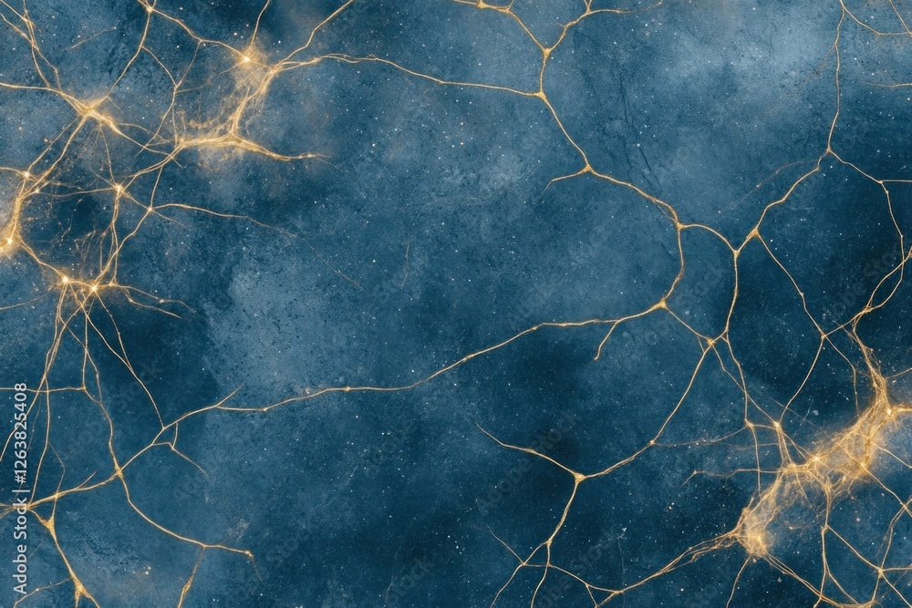 Poster abstract neural network background with glowing lines and textures in dark blue color, representing 