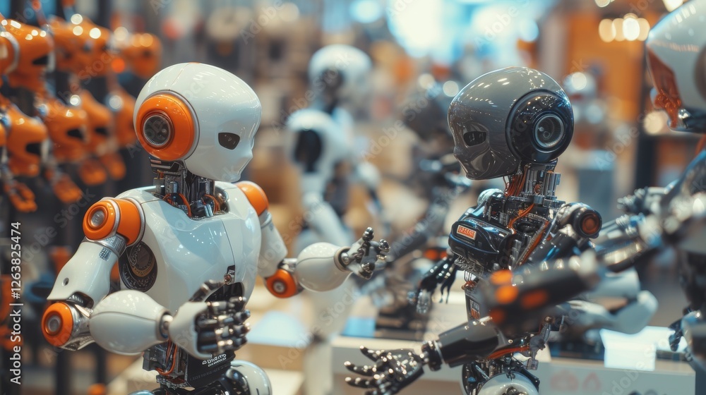 Poster a close-up view of two humanoid robots in a futuristic store environment, showcasing their detailed 