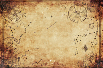 Intricate celestial map with constellations and astrological symbols on aged parchment background
