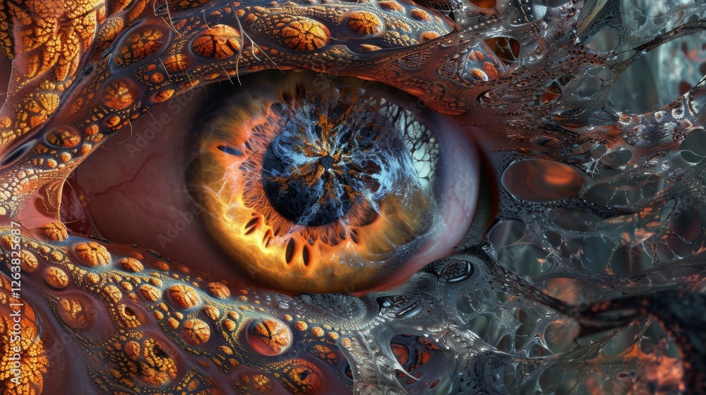 Poster artistic rendering of a surreal eye with fiery orange hues and organic, textured patterns, creating 