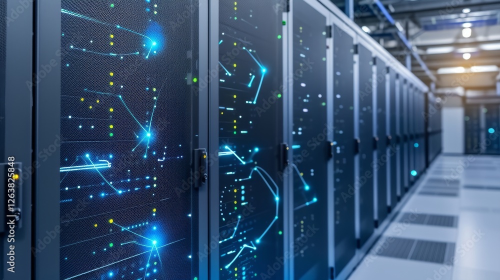 Poster a detailed view of a glowing server rack in a high-tech data center, showcasing the intricate connec
