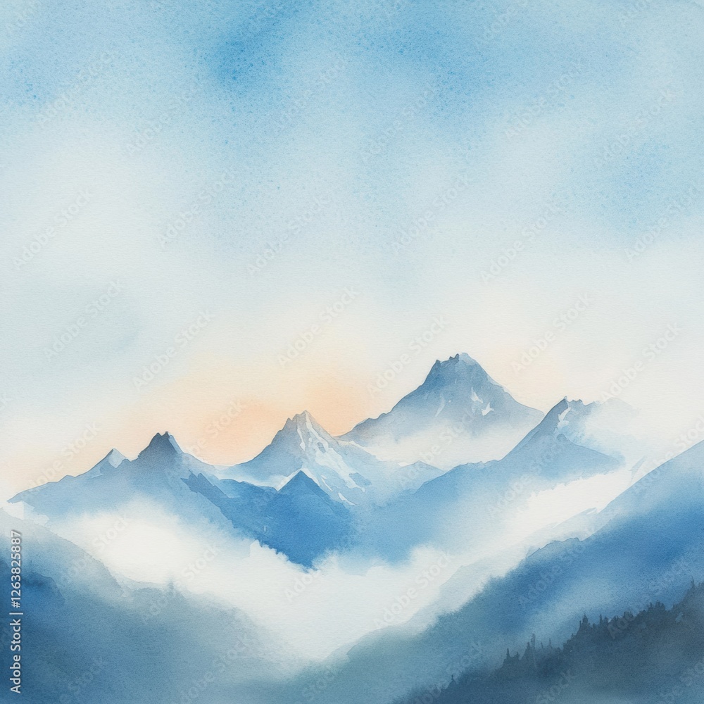 Poster majestic mountain landscape at dawn with soft hues and mist enveloping towering peaks. generative ai