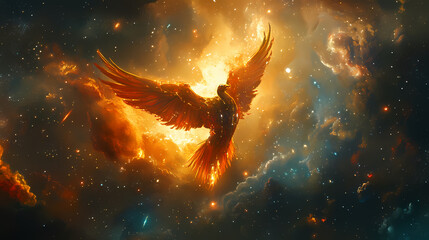 Fototapeta premium Phoenix ascent in cosmos. Cybernetic Phoenixes. Illustration