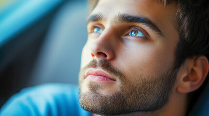 Contemplative Caucasian Man Gazing Upward with Hope, Light and Motivation