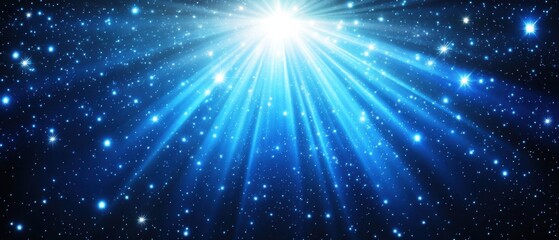Naklejka premium Bright blue light rays shining through starry night sky Abstract background with glowing stars, cosmic dust, and radiant beams of light Concepts of hope, spirituality, and the universe