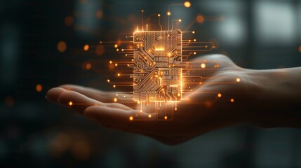 A glowing microchip floating above an open hand symbolizes advanced technology and innovation. Perfect for themes of AI, computing, and the future. AI generated.