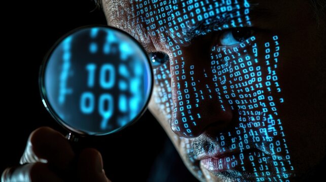 An image detailing a bright illuminated laptop screen filled with cryptic binary code overlays as a forensic investigator leans closer using a magnifying glass to uncover hidden digital