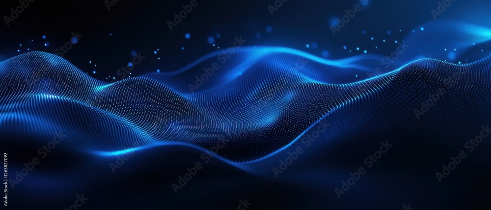 Poster abstract blue digital wave of particles on dark background futuristic data visualization big data fl