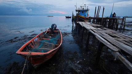 serene fishing village with boats and wooden pier at dusk