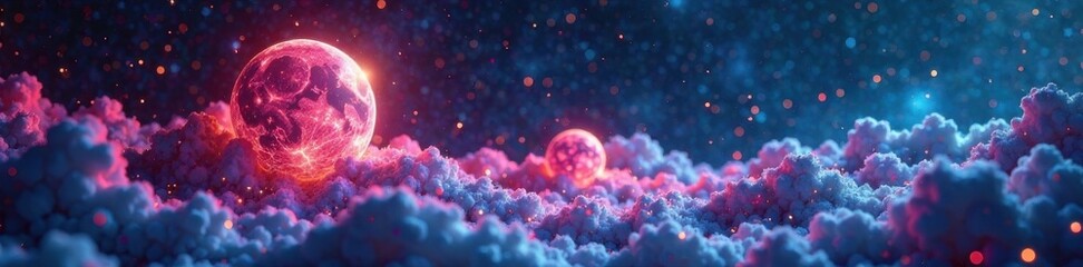 Obraz premium Celestial bodies float amidst a sea of shimmering holographic fibers, emitting an ethereal glow , glow, fiber optic, cosmic