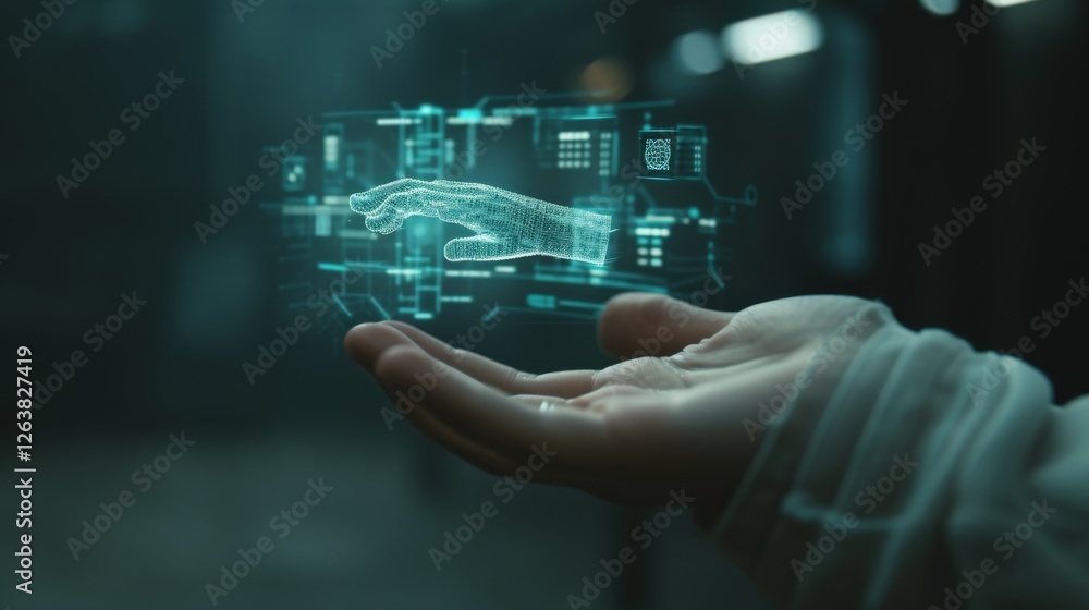 Poster a glowing holographic hand interacting with a futuristic digital interface, showcasing advanced tech