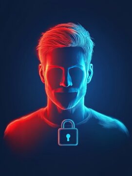 Futuristic cybernetic human with neon lighting and digital lock symbolizing AI driven security, identity encryption, and advanced technological evolution