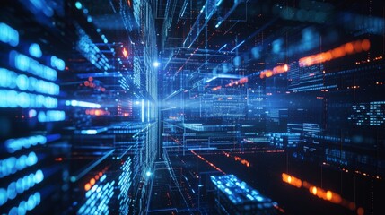 A dynamic abstract image of a digital data grid featuring glowing blue and orange lights, creating a futuristic cyber landscape. AI generated.
