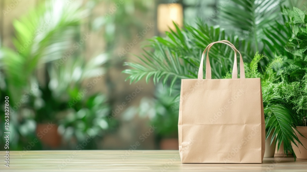 Poster eco friendly paper bag displayed with vibrant green plants in a natural setting for customizable bra