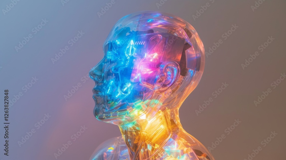 Aufkleber a futuristic ai humanoid with a transparent body illuminated by glowing neural circuits, showcasing 