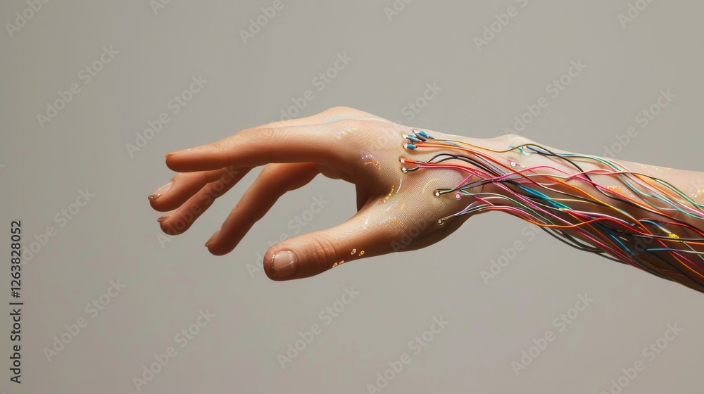 Poster a hyper-realistic cybernetic hand with exposed multicolored wires extending from the forearm, symbol