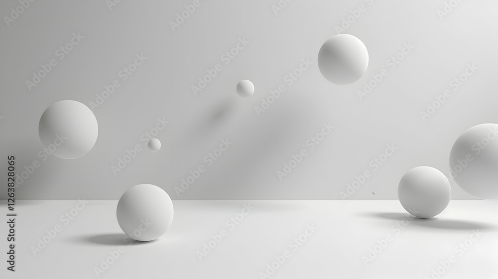 Poster floating white spheres in a minimalist setting with soft shadows on a smooth surface