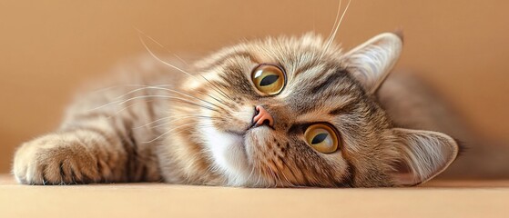 Cute tabby cat relaxing indoor, neutral background