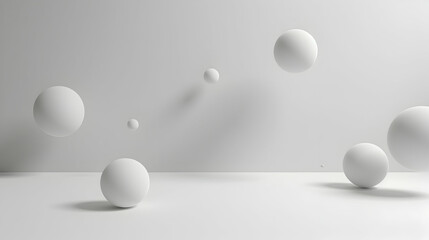 Floating white spheres in a minimalist setting with soft shadows on a smooth surface
