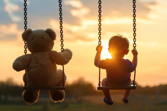 A young boy with light brown hair swinging with a teddy bear at sunset. Playful Duo, Juxtaposed Joy