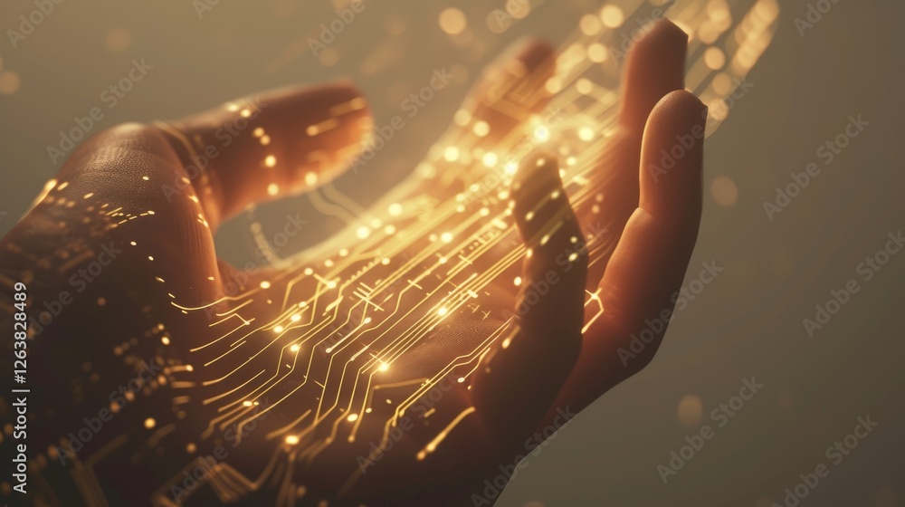 Poster a close-up of a human hand illuminated with glowing digital circuits, symbolizing the integration of