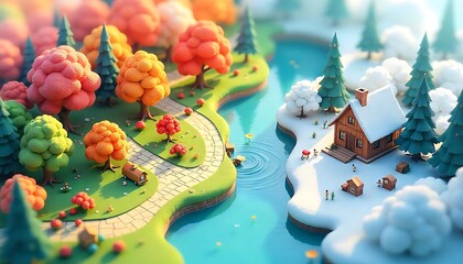 Seasonal splendor a divided isometric world nature's canvas 3d illustration vibrant landscapes whimsical perspective