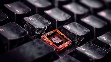 Close-up of a damaged keyboard key with rust and grime, highlighting wear and tear in a tech environment