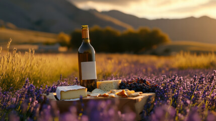 picnic in lavender field with wine, cheese, and grapes at sunset