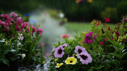 picturesque garden with raindrops on colorful flowers, creating serene atmosphere