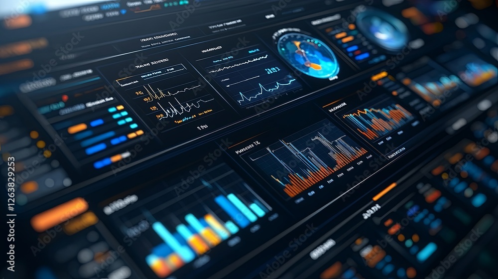 Poster dynamic data visualization showcasing complex analytics on a modern interface during a tech conferen