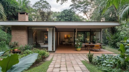Fototapeta premium A modern home with an open-air patio surrounded by tropical plants.
