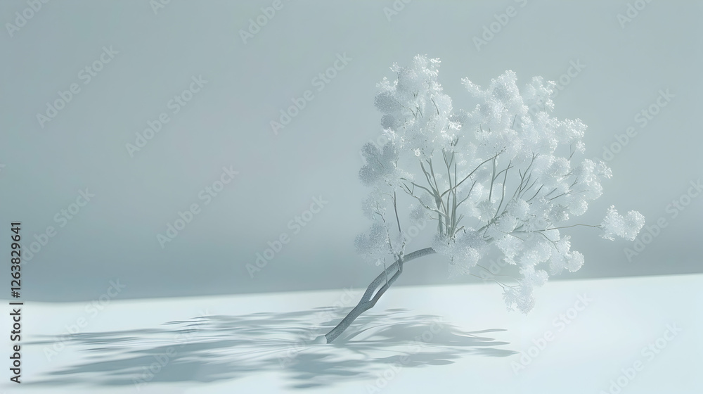 Poster a delicate white tree with fluffy blossoms casting a soft shadow on a minimalistic background