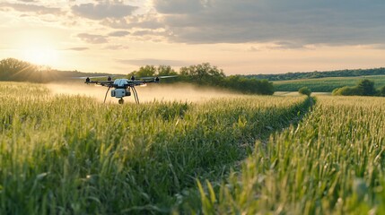 Drone spraying field sunset agriculture