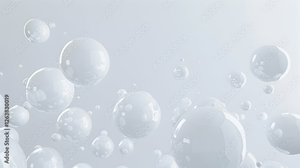 Poster abstract composition of translucent bubbles floating in a soft, light-filled space, evoking tranquil
