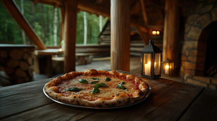 Crispy pizza on wooden table with cozy ambiance and candlelight