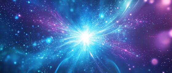 Fototapeta premium Vibrant blue and purple nebula with bright central star burst, cosmic background with sparkling stars and glowing energy, concepts of space, universe, astronomy, and science fiction