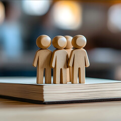 wooden figures of people on bookd symbolizing the concept of employee customer care and playbook The background is blurred to emphasize on human touch for cust