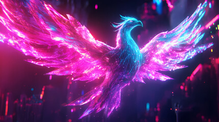 A neon phoenix rises in a futuristic cybernetic world. Cybernetic Phoenixes. Illustration