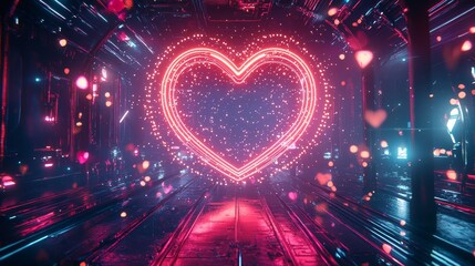 Obraz premium Neon heart encircled by glowing rings and sparkling accents, designed for a futuristic Valentines promotional package