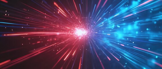 Naklejka premium Abstract futuristic background with fast speed light streaks and particles in red and blue Concept of science fiction, hyperspace jump, data transfer, and energy flow