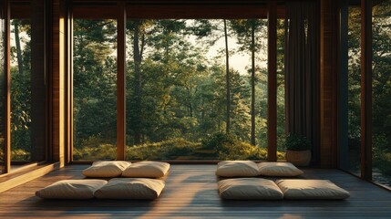 Obraz premium A peaceful meditation corner with floor cushions and natural wood decor.