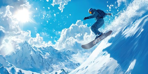 A vibrant depiction captures a snowboarder soaring through azure skies dotted with fluffy clouds, while their board glides gracefully to the left