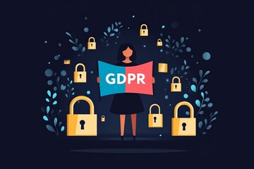 Fototapeta premium Businessperson standing in a cyber security landscape surrounded by floating padlocks, holding a GDPR compliance placard, symbolizing digital privacy, encrypted protection, and legal governance