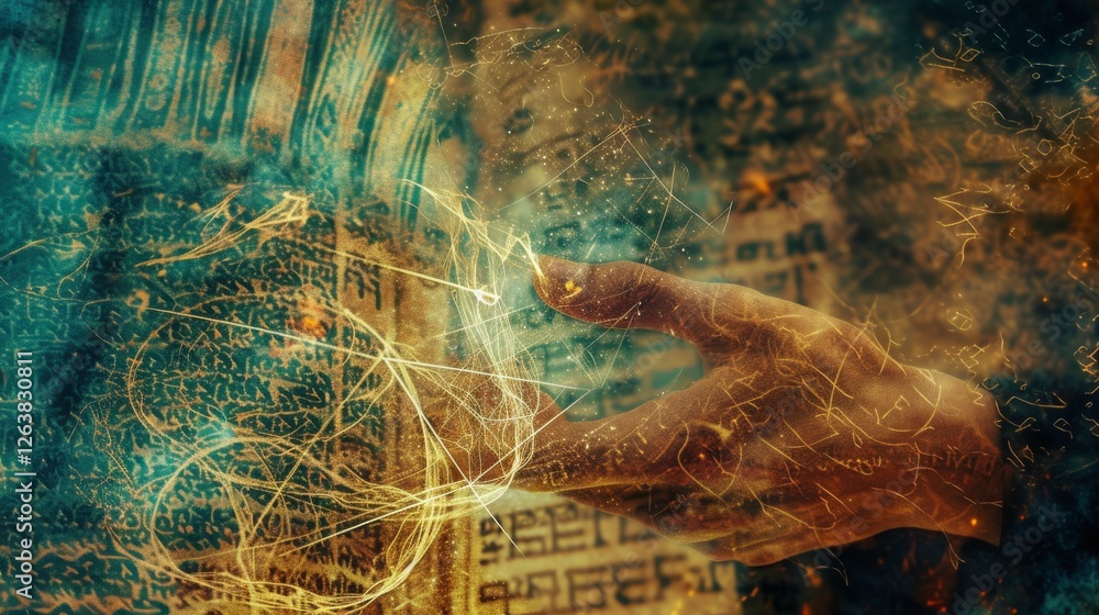 Poster an enchanting scene of a hand reaching toward glowing ancient scripts with an ethereal atmosphere, c