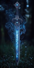 Ornate Enchanted Sword Glowing Blue in Forest Setting