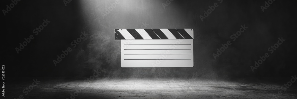 Poster film clapperboard illuminated in a dark studio setting emphasizing movie production and creativity. 